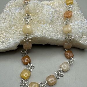 Multi-Color Square Stone Necklace with Silver Link Accents